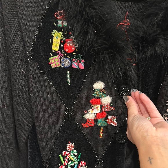 Jack B. Quick Black Festive Cardigan Christmas w/ Sequins beads & fur! - Picture 5 of 11